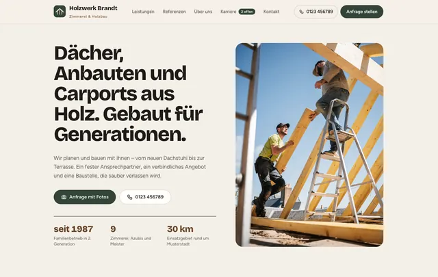 Startseite der Demo-Website Zimmerei Holzwerk Brandt
